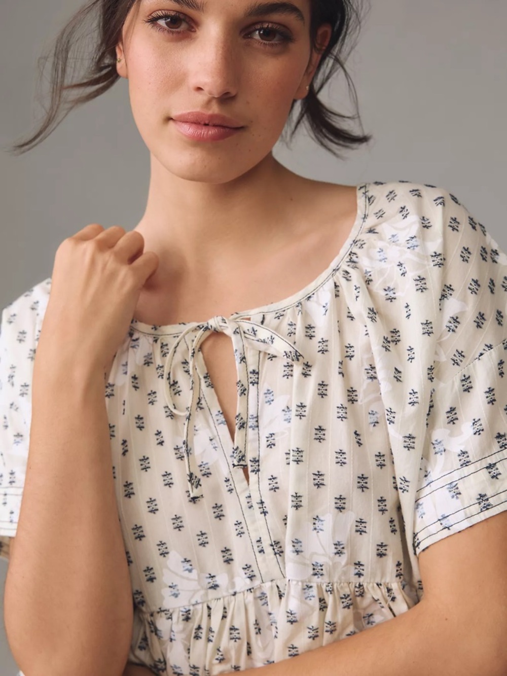 Lightweight White Peplum Top with Blue Floral Print - Picture 7 of 9